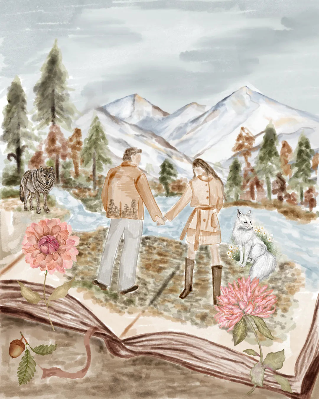 Two travellers stepping out of an open storybook with a white fox, a wolf and alpine flowers